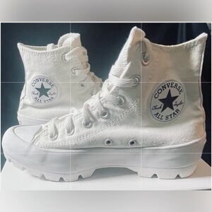 “CONVERSE ALL STAR CHUCK TAYLOR” WHITE CANVAS HIGH TOPS. SIZE 7
